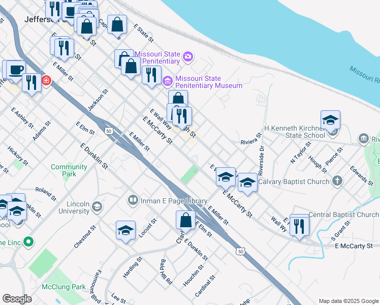 map of restaurants, bars, coffee shops, grocery stores, and more near 1007 East McCarty Street in Jefferson City