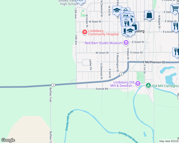 map of restaurants, bars, coffee shops, grocery stores, and more near 420 Cedar Circle in Lindsborg