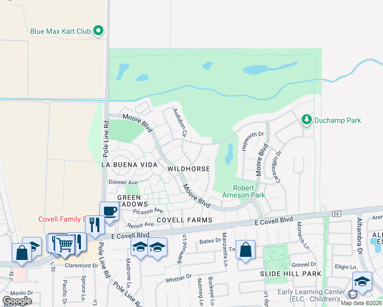 map of restaurants, bars, coffee shops, grocery stores, and more near 2520 Hartley Street in Davis
