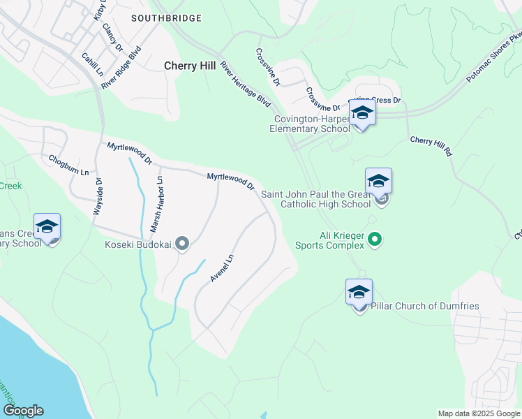map of restaurants, bars, coffee shops, grocery stores, and more near 2845 Myrtlewood Drive in Dumfries