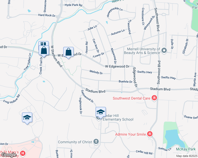 map of restaurants, bars, coffee shops, grocery stores, and more near 2120 Buehrle Drive in Jefferson City