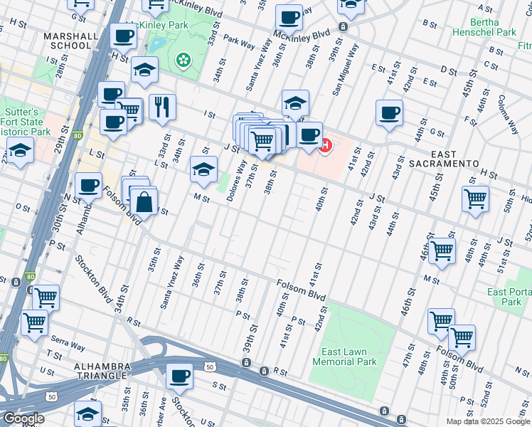 map of restaurants, bars, coffee shops, grocery stores, and more near 1209 38th Street in Sacramento