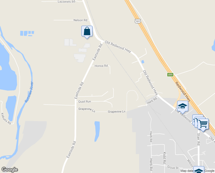 map of restaurants, bars, coffee shops, grocery stores, and more near 10990 Eastside Road in Healdsburg