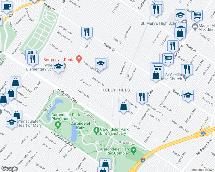 map of restaurants, bars, coffee shops, grocery stores, and more near 3833 Fillmore Street in St. Louis