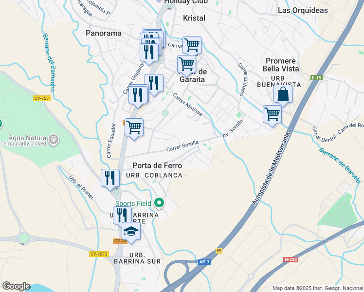 map of restaurants, bars, coffee shops, grocery stores, and more near Carrer Sorolla in Alicante