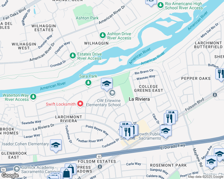 map of restaurants, bars, coffee shops, grocery stores, and more near 2441 Stansberry Way in Sacramento