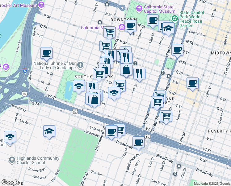 map of restaurants, bars, coffee shops, grocery stores, and more near 1117 U Street in Sacramento