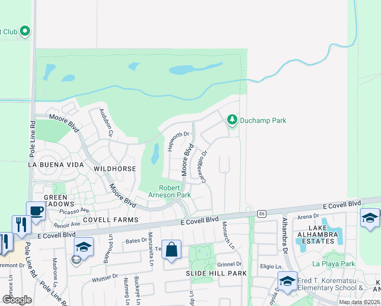 map of restaurants, bars, coffee shops, grocery stores, and more near 2381 Roualt Street in Davis