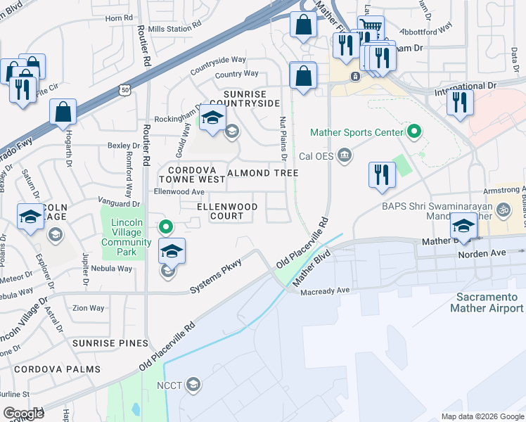 map of restaurants, bars, coffee shops, grocery stores, and more near 3613 Maddiewood Circle in Sacramento