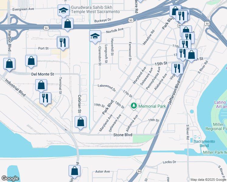 map of restaurants, bars, coffee shops, grocery stores, and more near 1712 Mosswood Circle in West Sacramento