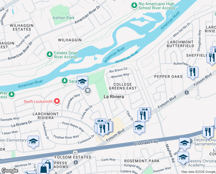 map of restaurants, bars, coffee shops, grocery stores, and more near 2670 Rio Bravo Circle in Sacramento