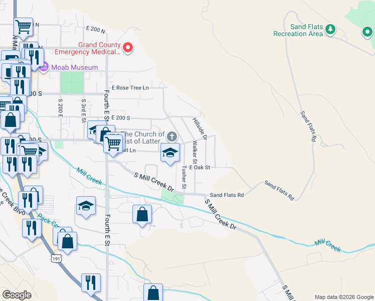 map of restaurants, bars, coffee shops, grocery stores, and more near 331 Tusher Street in Moab