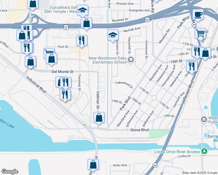 map of restaurants, bars, coffee shops, grocery stores, and more near 1714 Deerwood Street in West Sacramento
