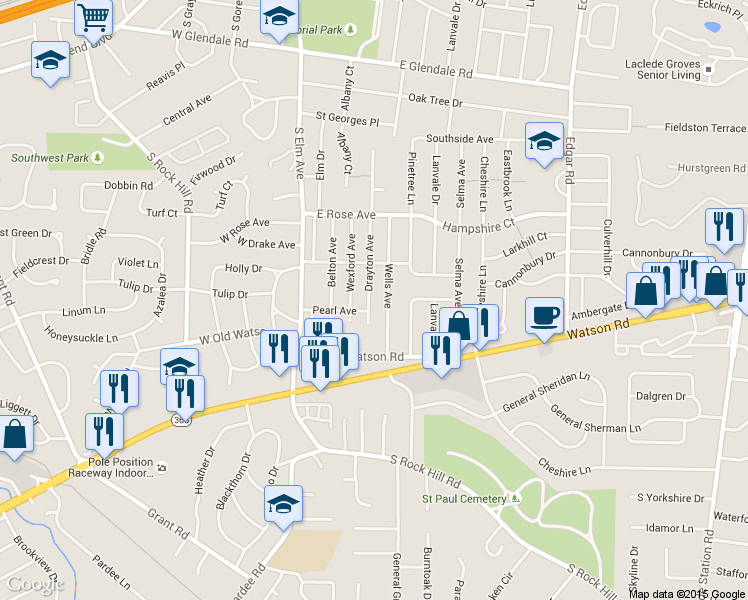 map of restaurants, bars, coffee shops, grocery stores, and more near 1434 Drayton Avenue in Webster Groves