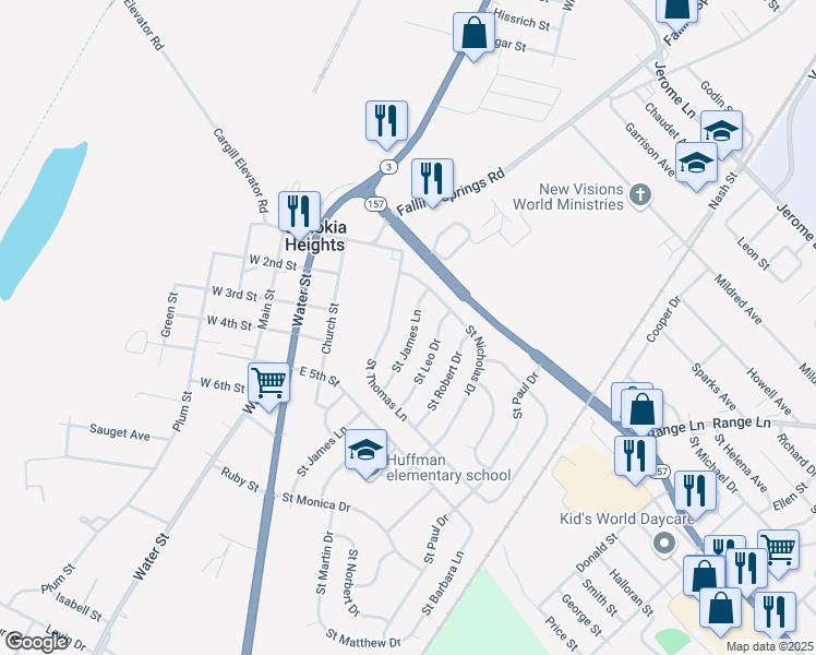 map of restaurants, bars, coffee shops, grocery stores, and more near 125 Saint James Lane in Sauget
