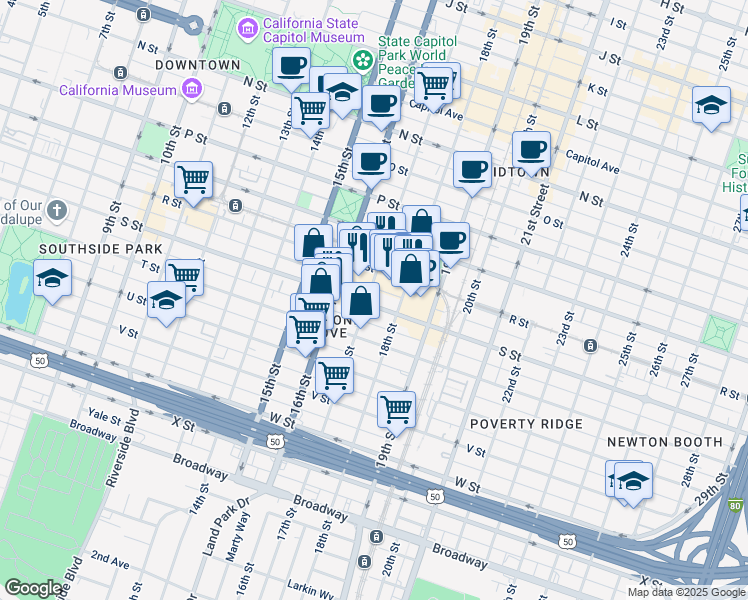 map of restaurants, bars, coffee shops, grocery stores, and more near 1829 17th Street in Sacramento