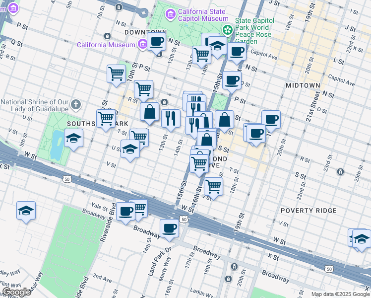 map of restaurants, bars, coffee shops, grocery stores, and more near 1411 T Street in Sacramento