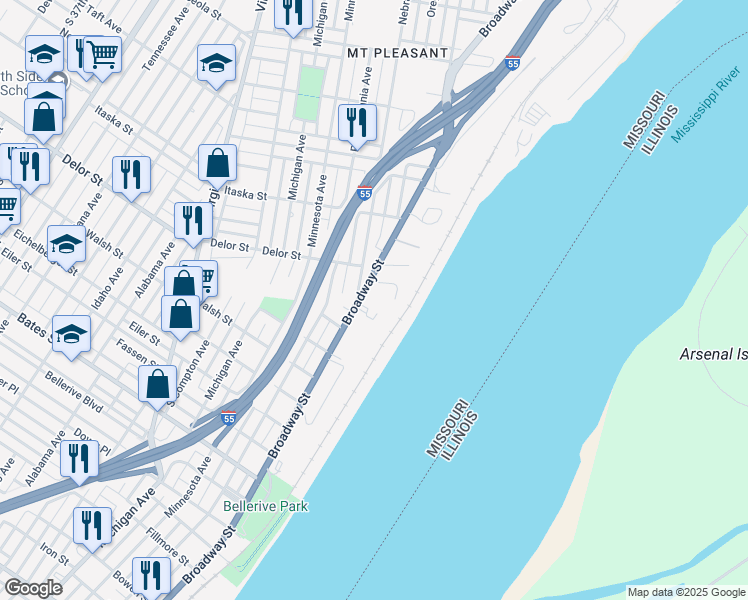 map of restaurants, bars, coffee shops, grocery stores, and more near 4844 South Broadway in St. Louis