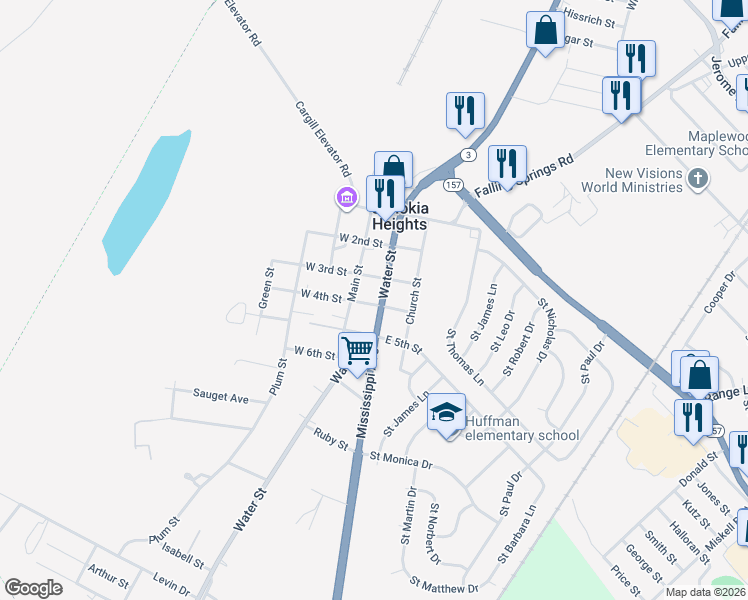 map of restaurants, bars, coffee shops, grocery stores, and more near 310 Water Street in East St. Louis