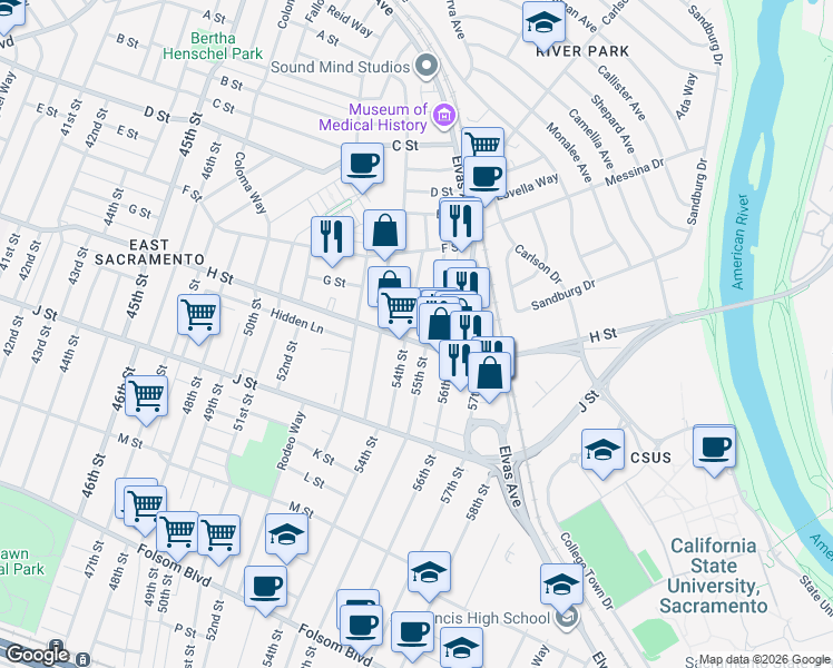 map of restaurants, bars, coffee shops, grocery stores, and more near 5421 H Street in Sacramento