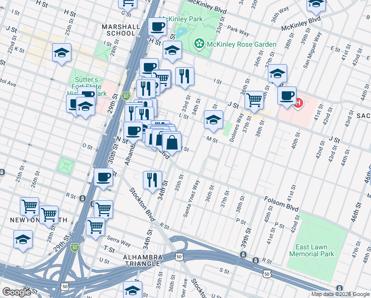 map of restaurants, bars, coffee shops, grocery stores, and more near 34th Street & N Street in Sacramento