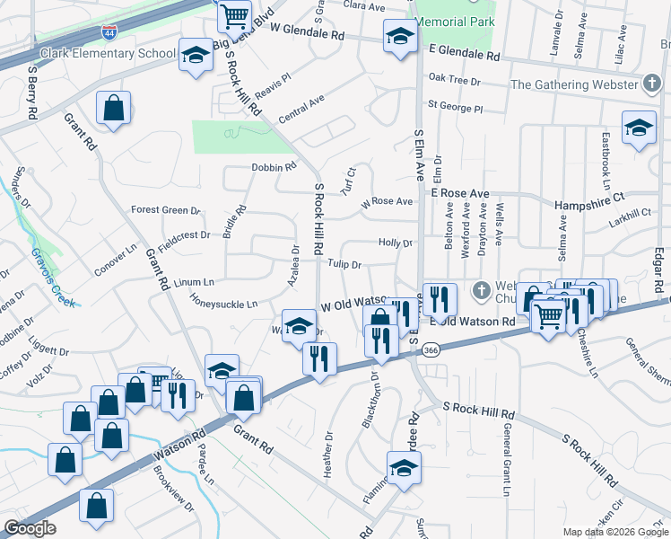 map of restaurants, bars, coffee shops, grocery stores, and more near 132 Tulip Drive in Webster Groves