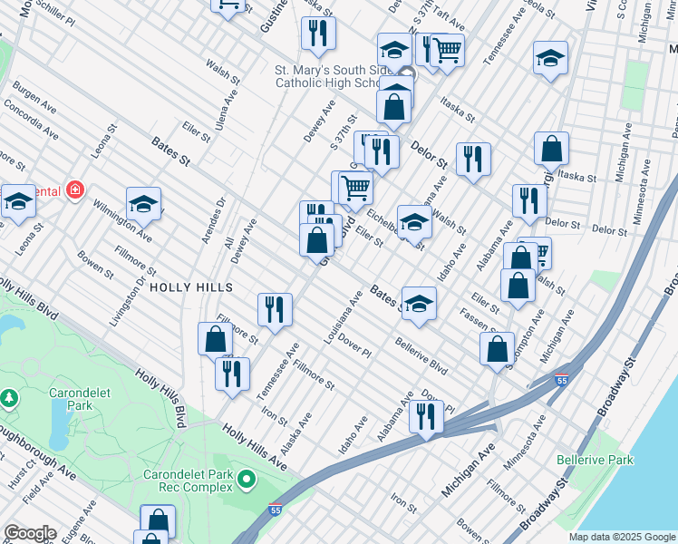 map of restaurants, bars, coffee shops, grocery stores, and more near 1108 Bates Street in St. Louis