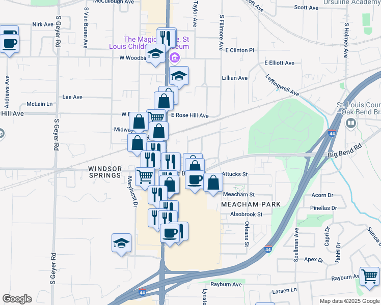 map of restaurants, bars, coffee shops, grocery stores, and more near 920 South Taylor Avenue in Kirkwood