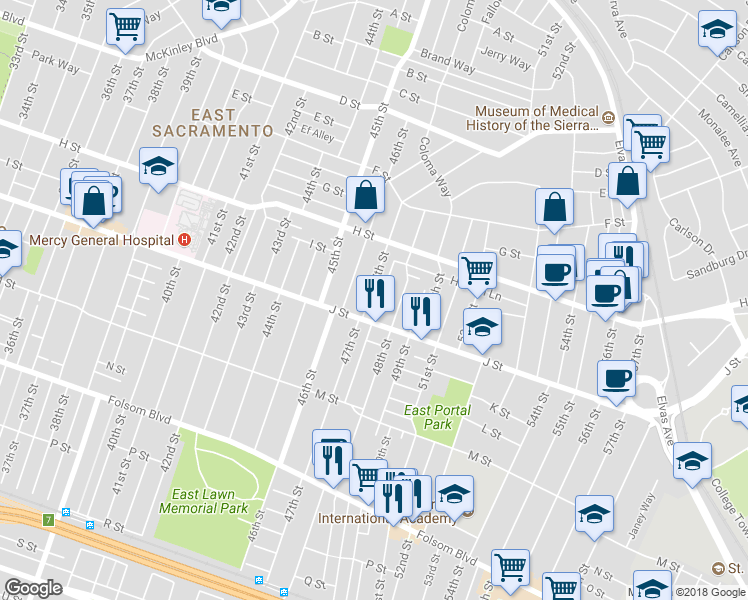 map of restaurants, bars, coffee shops, grocery stores, and more near 929 47th Street in Sacramento