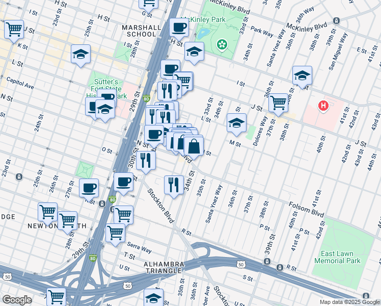 map of restaurants, bars, coffee shops, grocery stores, and more near 1430 33rd Street in Sacramento