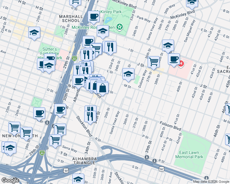 map of restaurants, bars, coffee shops, grocery stores, and more near in Sacramento