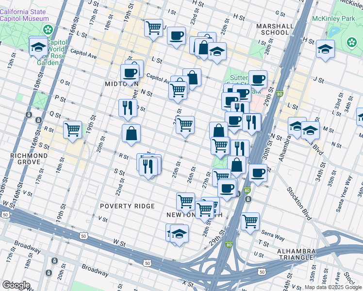 map of restaurants, bars, coffee shops, grocery stores, and more near 2500 P Street in Sacramento