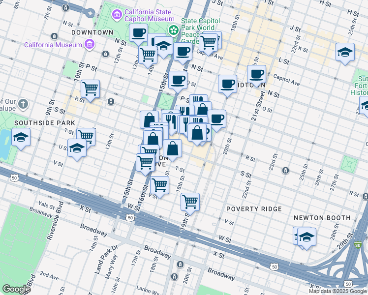 map of restaurants, bars, coffee shops, grocery stores, and more near 1829 17th Street in Sacramento