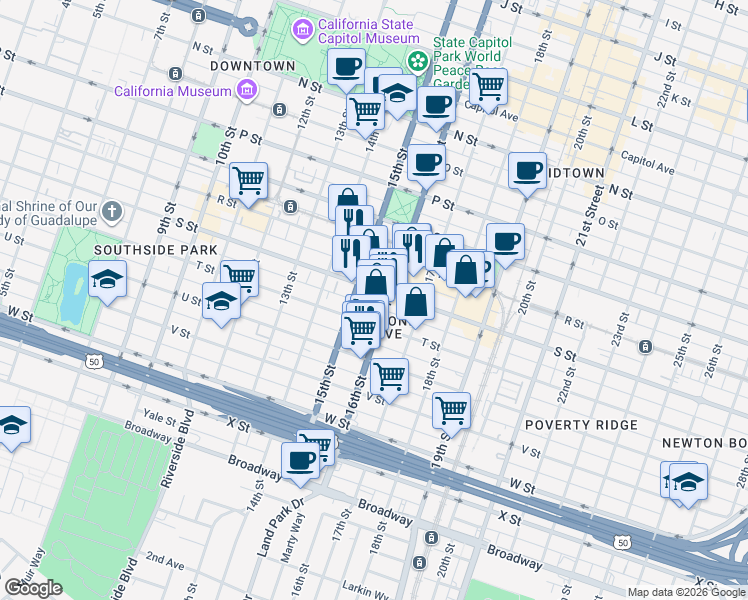 map of restaurants, bars, coffee shops, grocery stores, and more near 1901 16th Street in Sacramento