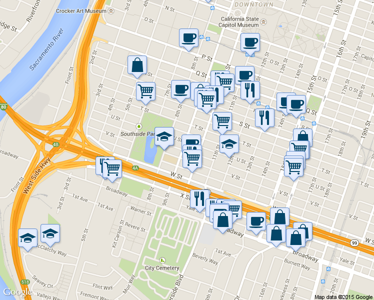 map of restaurants, bars, coffee shops, grocery stores, and more near 2115 9th Street in Sacramento
