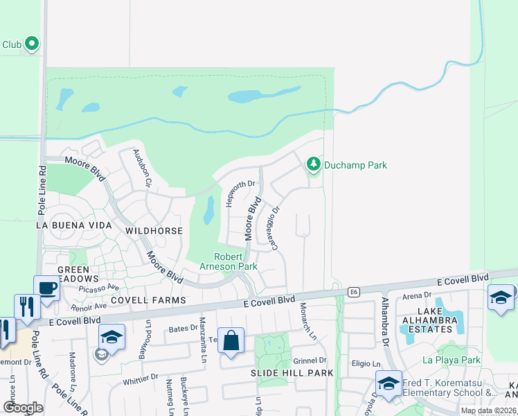 map of restaurants, bars, coffee shops, grocery stores, and more near 2381 Roualt Street in Davis