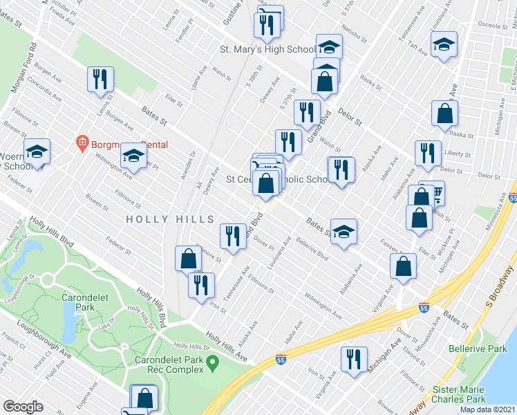 map of restaurants, bars, coffee shops, grocery stores, and more near in St. Louis