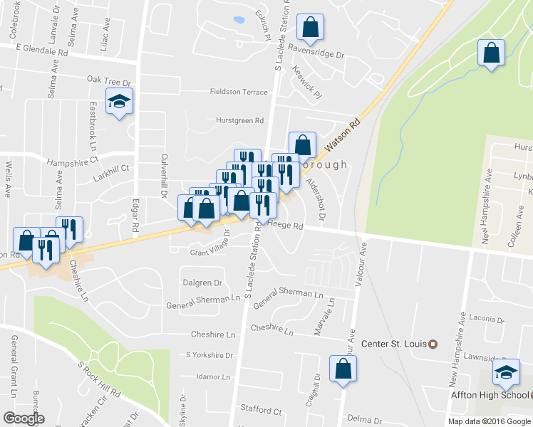 map of restaurants, bars, coffee shops, grocery stores, and more near 7960 Watson Road in Saint Louis