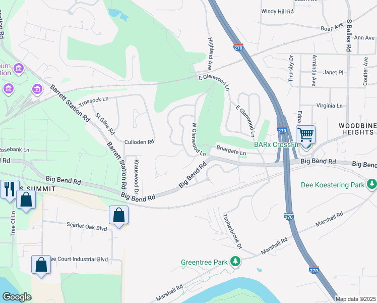 map of restaurants, bars, coffee shops, grocery stores, and more near 22 Heatherbrook Lane in Kirkwood