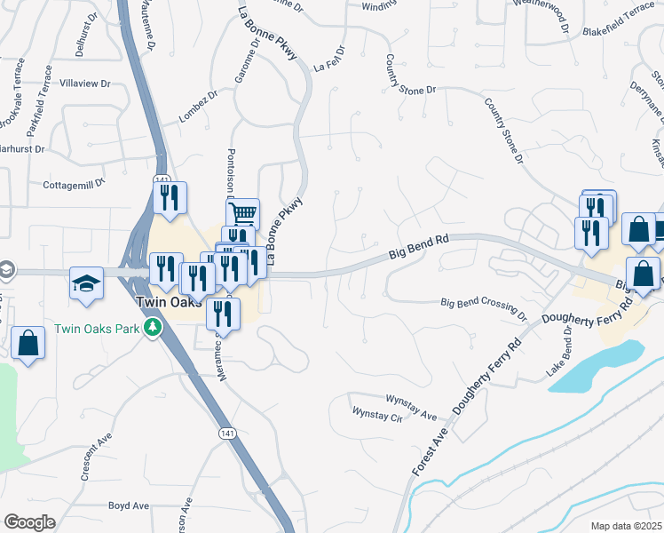 map of restaurants, bars, coffee shops, grocery stores, and more near 998 Century Oaks Drive in Ballwin