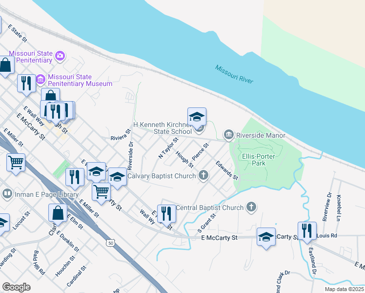 map of restaurants, bars, coffee shops, grocery stores, and more near 207 McKinley Street in Jefferson City