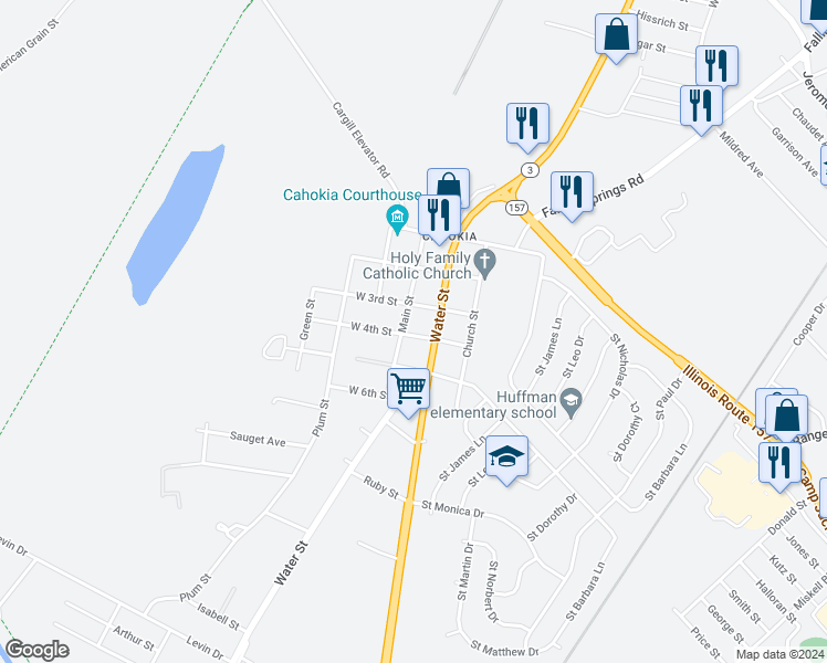map of restaurants, bars, coffee shops, grocery stores, and more near 109 West 4th Street in East Saint Louis