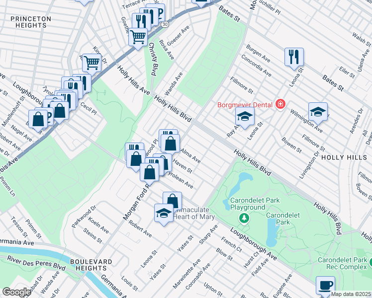 map of restaurants, bars, coffee shops, grocery stores, and more near 4143 Alma Avenue in St. Louis