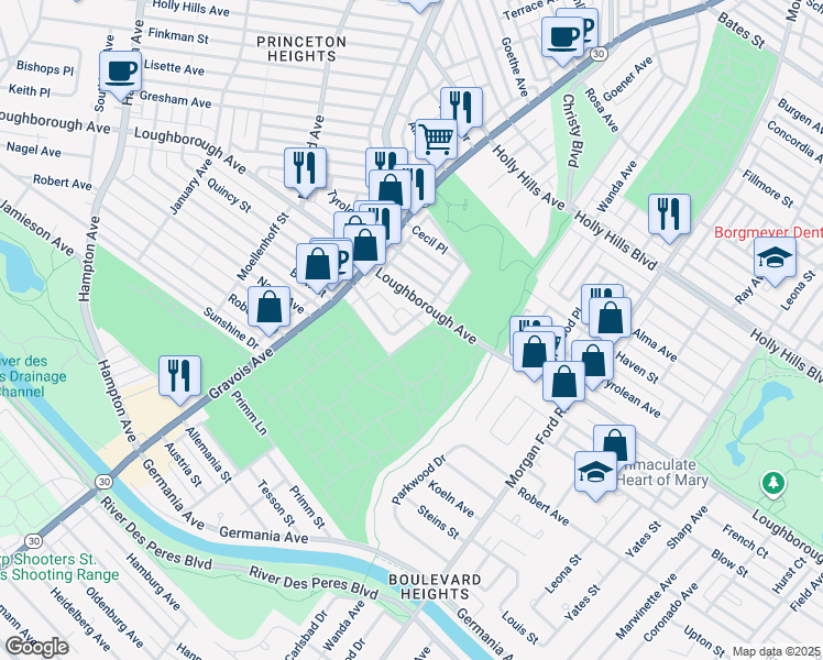 map of restaurants, bars, coffee shops, grocery stores, and more near 6928 Salzburger Avenue in St. Louis
