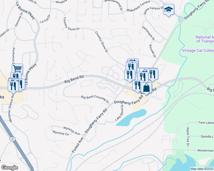 map of restaurants, bars, coffee shops, grocery stores, and more near 366 Autumn Creek Drive in Valley Park