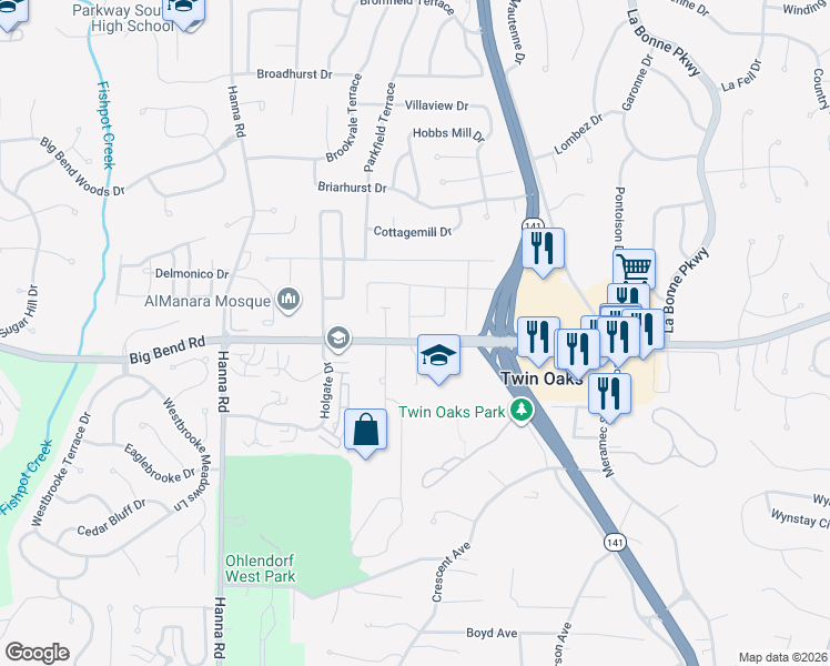 map of restaurants, bars, coffee shops, grocery stores, and more near 1207 Big Bend Road in Ballwin