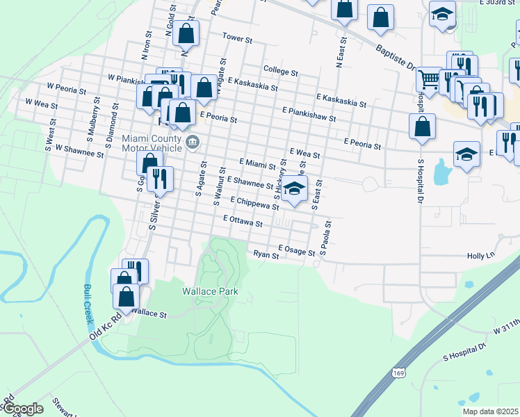 map of restaurants, bars, coffee shops, grocery stores, and more near 401 East Chippewa Street in Paola