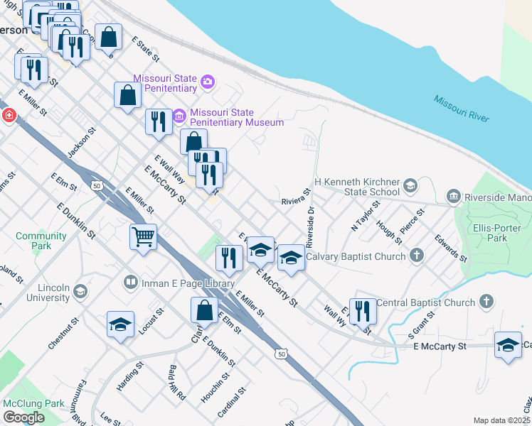 map of restaurants, bars, coffee shops, grocery stores, and more near 1117 Park Avenue in Jefferson City