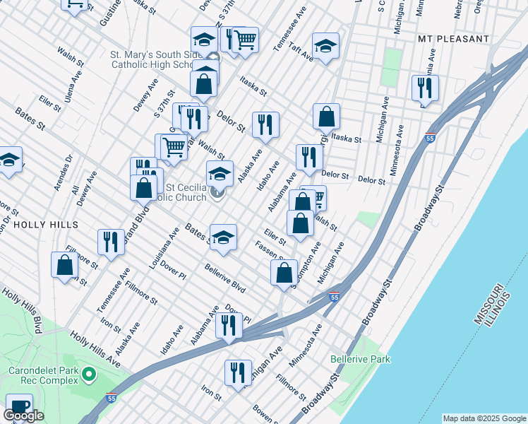 map of restaurants, bars, coffee shops, grocery stores, and more near 5235 Alabama Avenue in St. Louis
