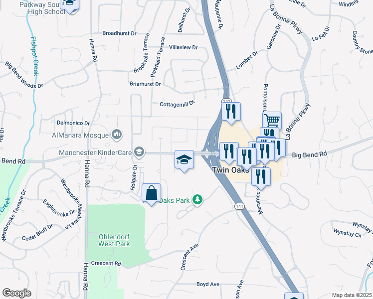 map of restaurants, bars, coffee shops, grocery stores, and more near 1227 Big Bend Road in Ballwin